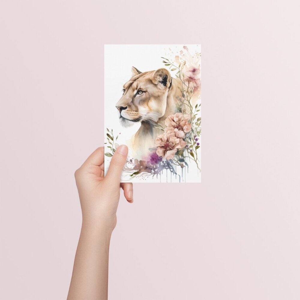 Cute Floral Lioness Watercolor Wall Art Illustration Print Poster Card Unframed - Picture 5 of 5